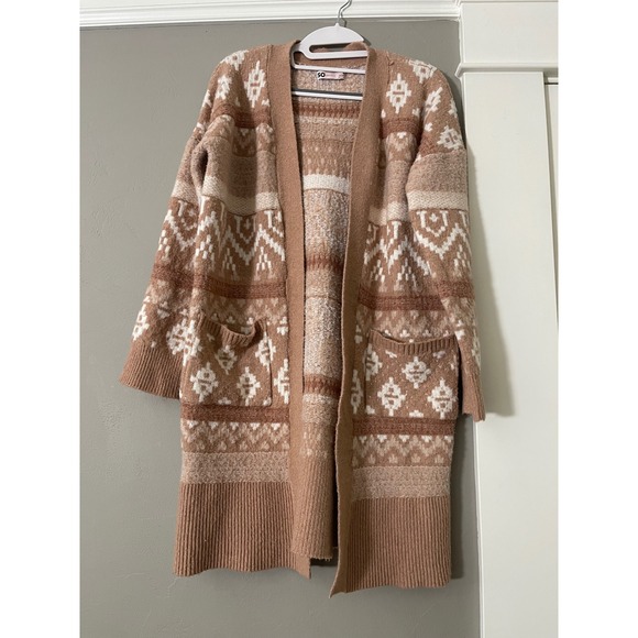 SO Sweaters - SO Goods For Life Womens Tan Geometric Fair Isle Open Front Cardigan Sweater M